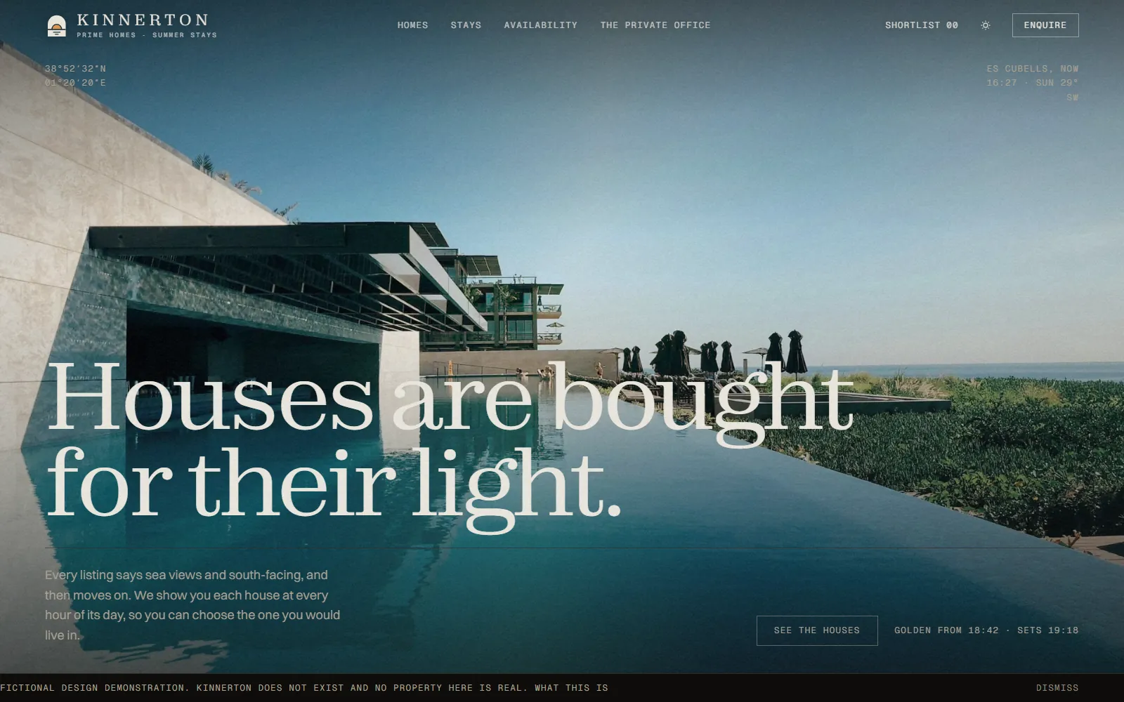 The Kinnerton homepage: a low house above a still pool, the live time and sun angle over the Ibiza coast in the corner, under the headline "Houses are bought for their light."